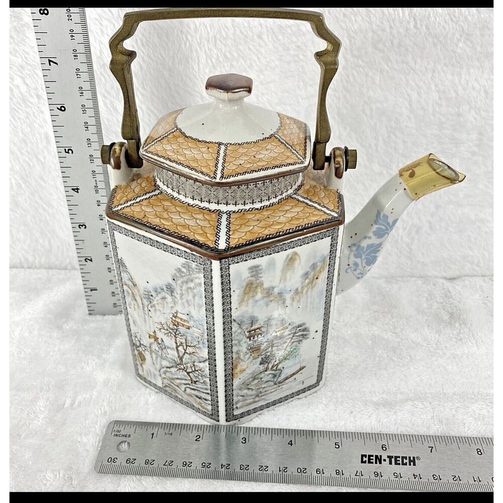 Antique Hexagonal Japanese Porcelain Teapot with Brass Handle approx 8" tall